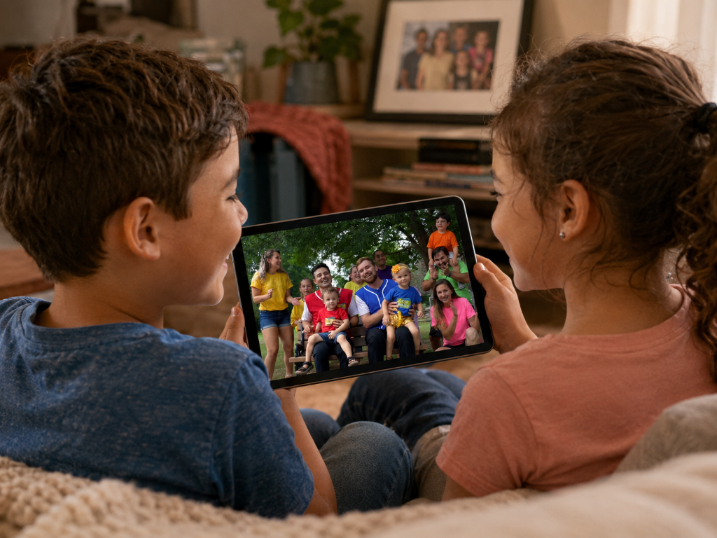 Children watching Good News Guys on a tablet