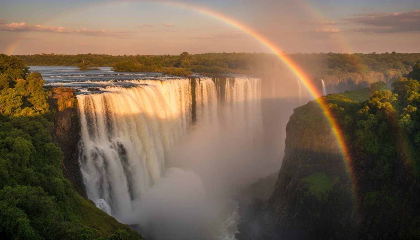 Victoria Falls at golden hour with mist rising