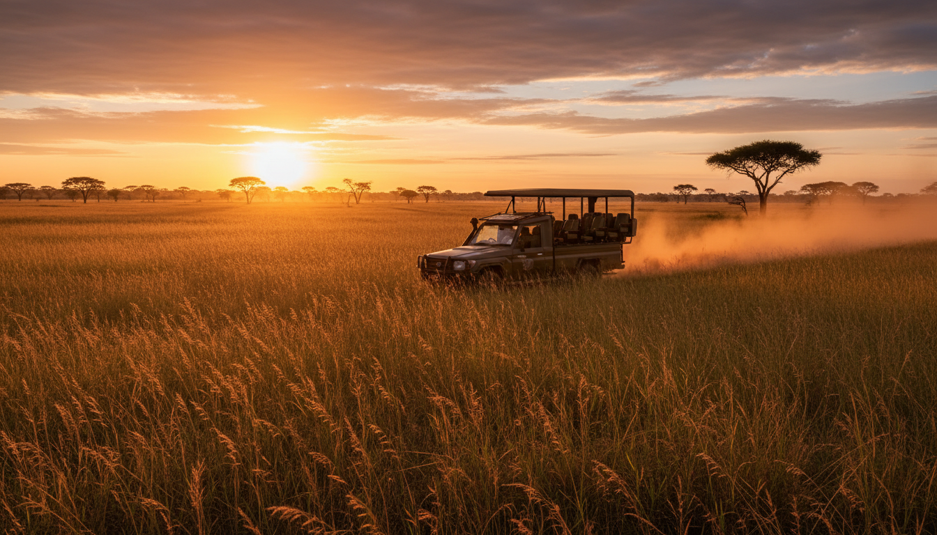 Luxury safari vehicle on the African savanna at sunset