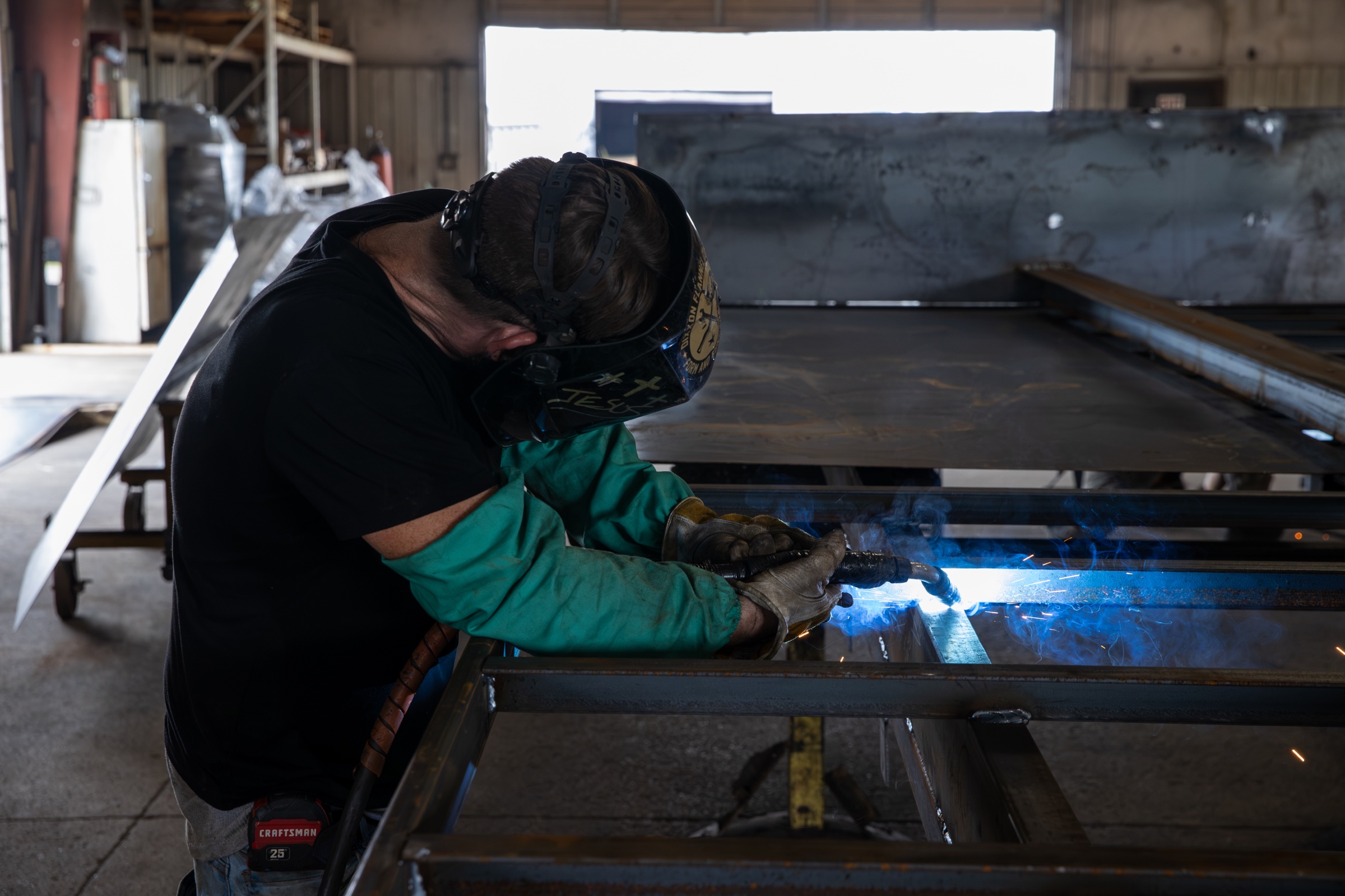 Welding sparks on trailer frame