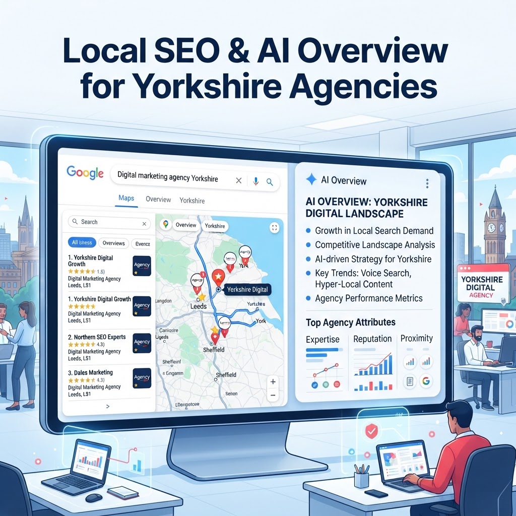 Local SEO map results and AI Overview for a Yorkshire digital marketing agency