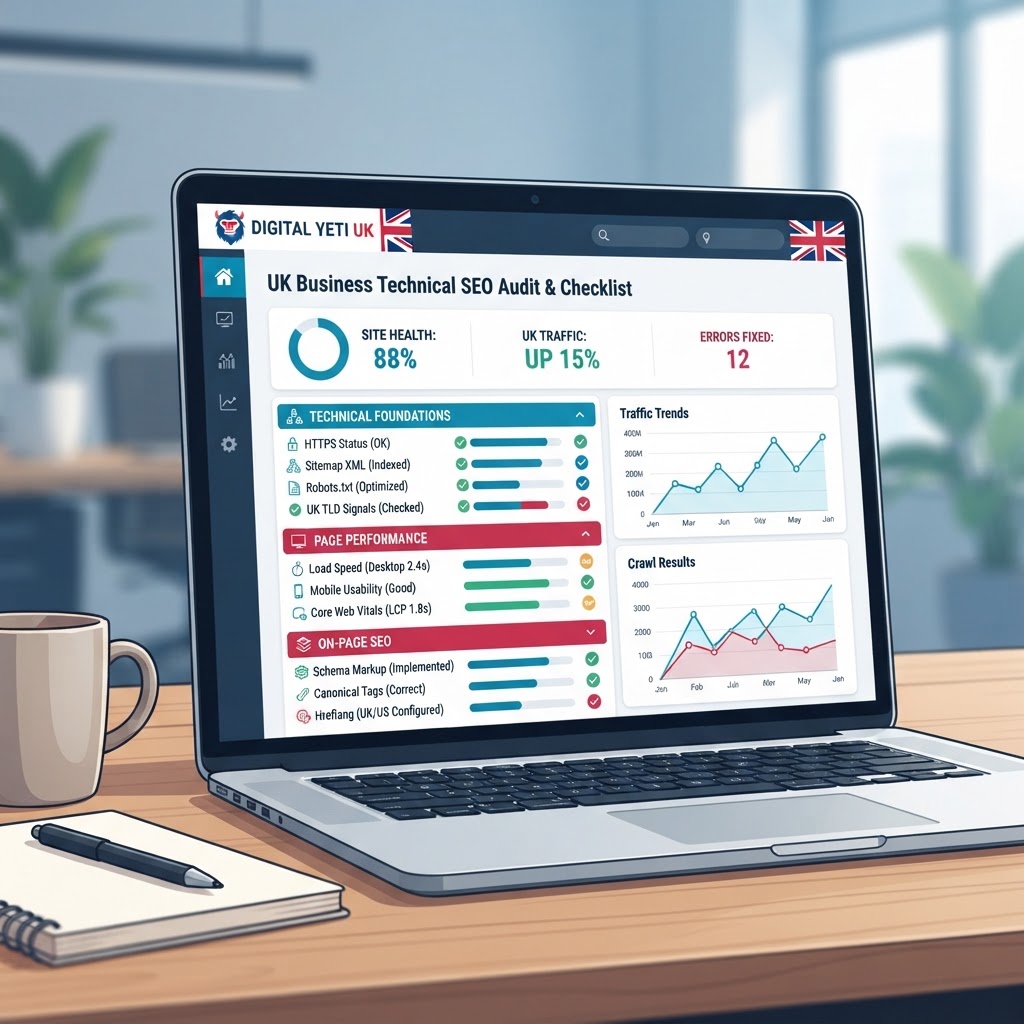 Technical SEO checklist on a laptop screen showing website audit results for a UK business