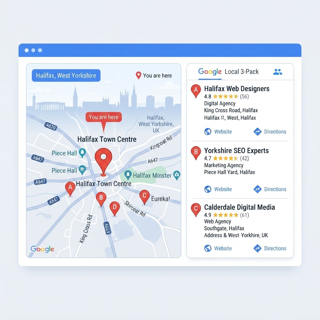 Google Map Pack results showing local Halifax businesses in West Yorkshire