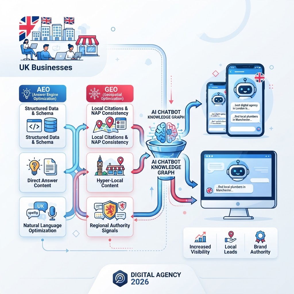 Diagram showing how AEO and GEO strategies help UK businesses appear in AI chatbot responses in 2026