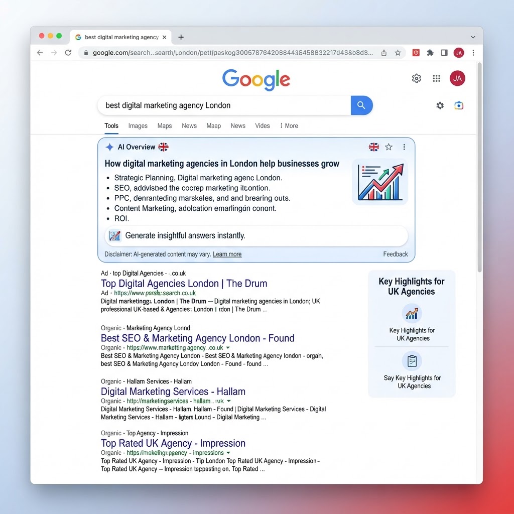 Screenshot illustration of Google AI Overview appearing at the top of a UK search results page