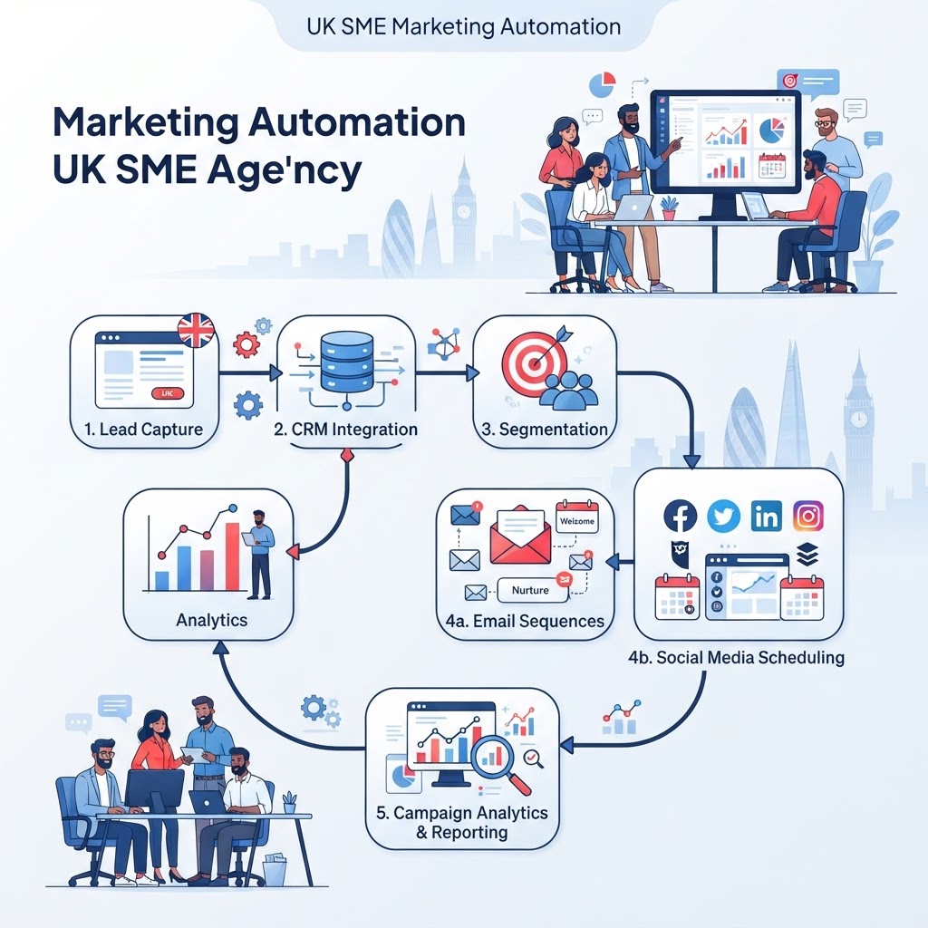 Infographic showing marketing automation workflow for a UK SME, including email sequences, social scheduling, and CRM integration