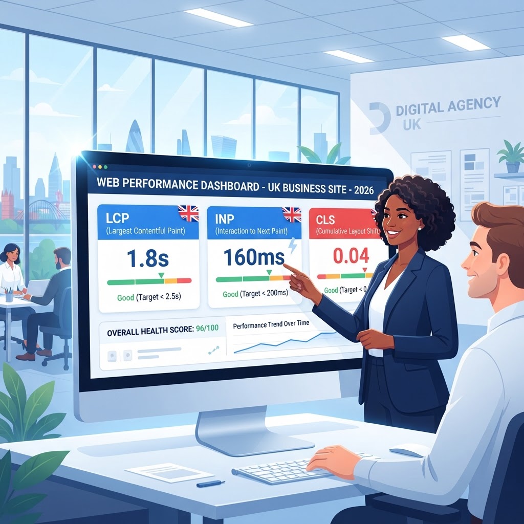 Core Web Vitals dashboard showing LCP, INP and CLS scores for a UK business website in 2026