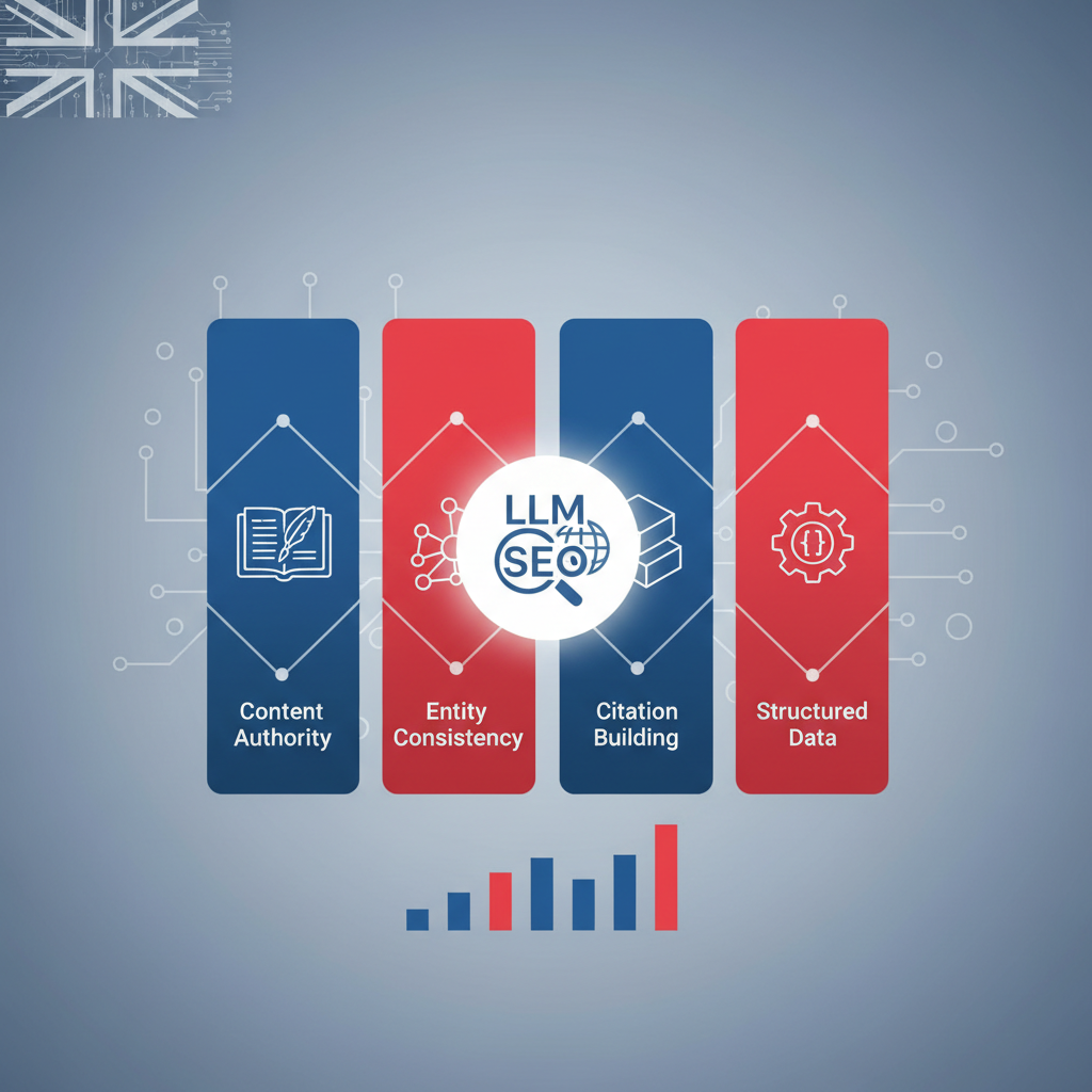 Diagram showing the four pillars of LLM SEO: content authority, entity consistency, citation building, and structured data