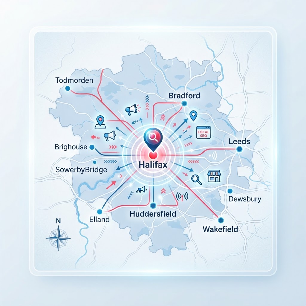 Map of West Yorkshire with local business SEO content strategy overlay showing Halifax and surrounding towns