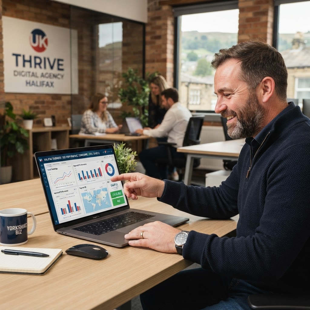 Yorkshire business owner reviewing local SEO results on a laptop in a Halifax office