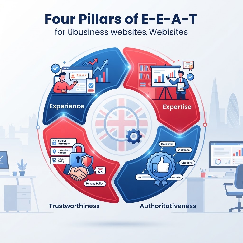 Diagram showing the four pillars of E-E-A-T: Experience, Expertise, Authoritativeness, and Trustworthiness for UK business websites