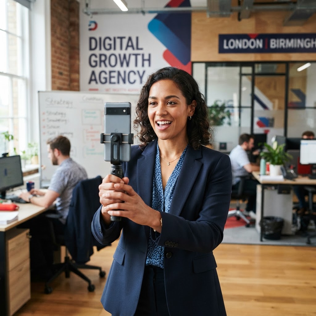 UK business owner filming a short-form video for Instagram Reels or YouTube Shorts on a smartphone