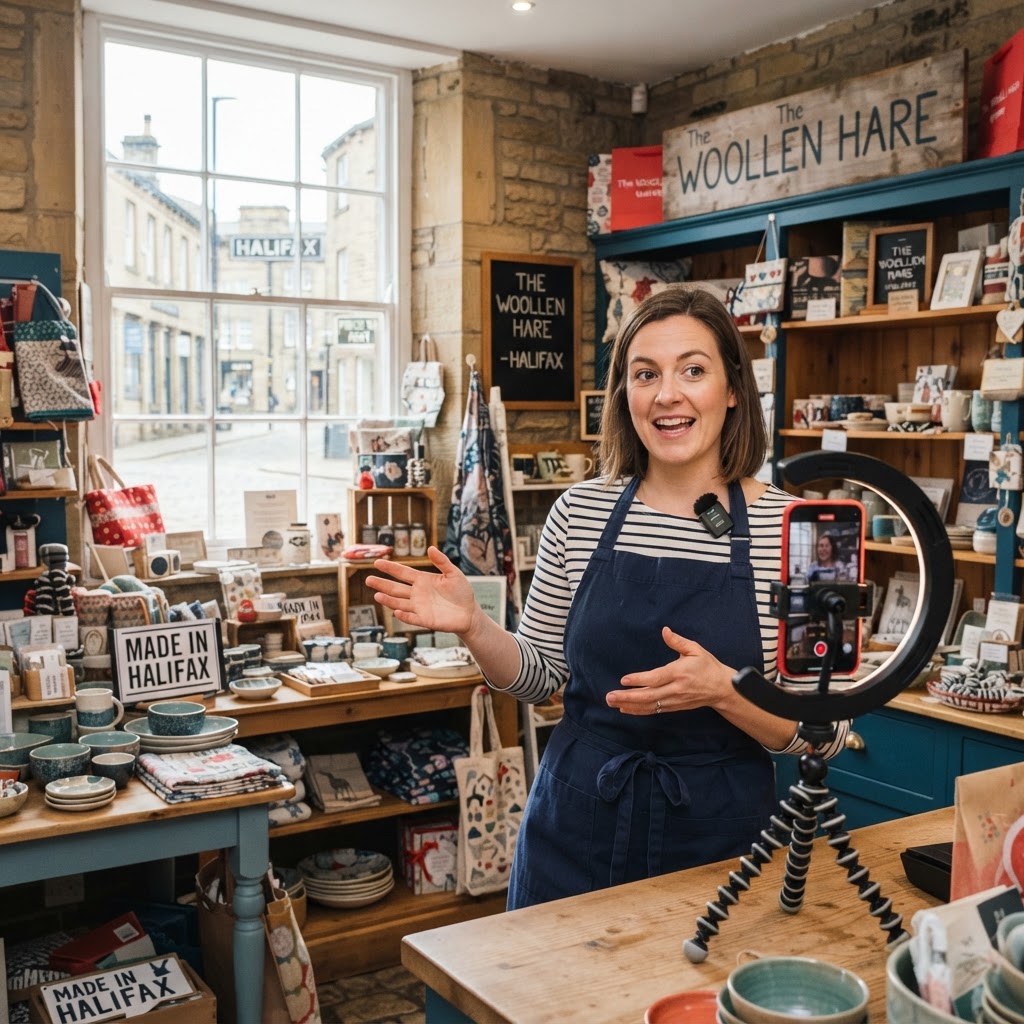 UK small business owner filming a TikTok video in their shop in Halifax, West Yorkshire