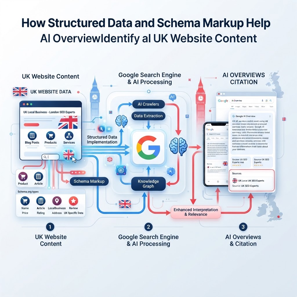 Diagram showing how structured data and schema markup helps Google AI Overviews identify and cite content from UK websites