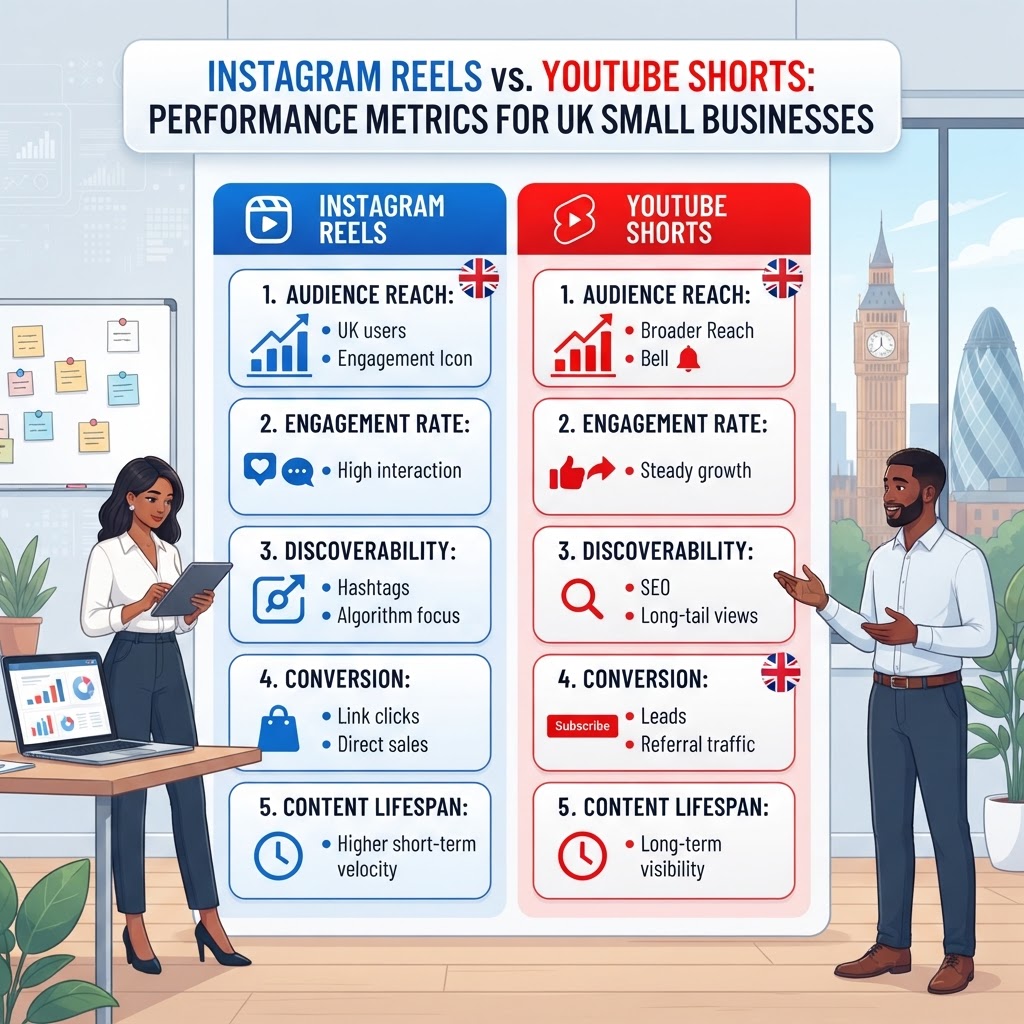 Comparison chart showing Instagram Reels versus YouTube Shorts performance metrics for UK small businesses