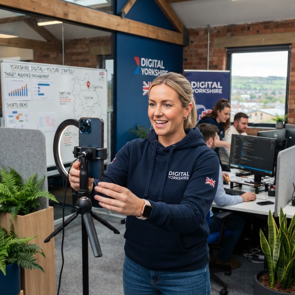 UK business owner filming YouTube Shorts content on smartphone in a Yorkshire office