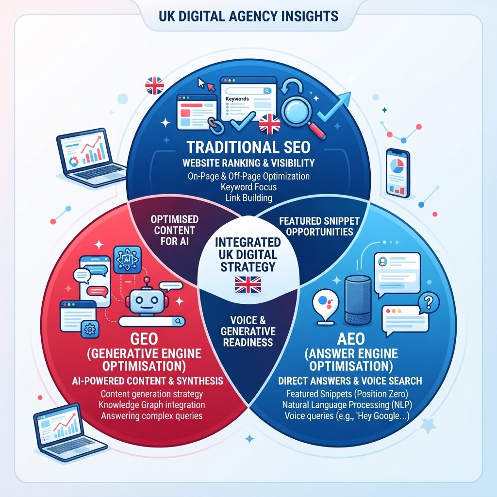 Diagram showing the relationship between traditional SEO, GEO Generative Engine Optimisation, and AEO Answer Engine Optimisation for UK business websites