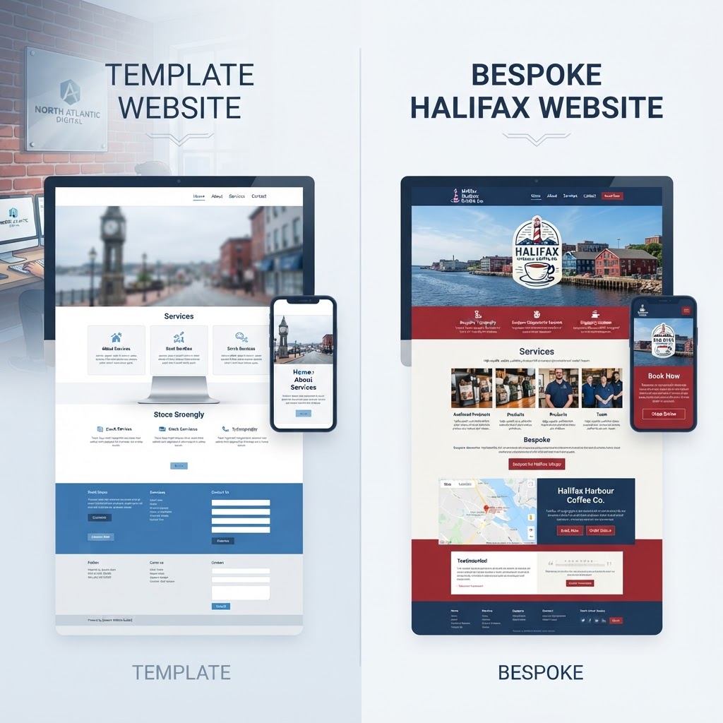 Side-by-side comparison of a template website versus a bespoke website designed for a Halifax business