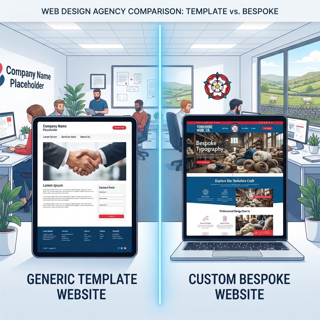 Side-by-side comparison of a generic template website versus a custom bespoke website for a Yorkshire business