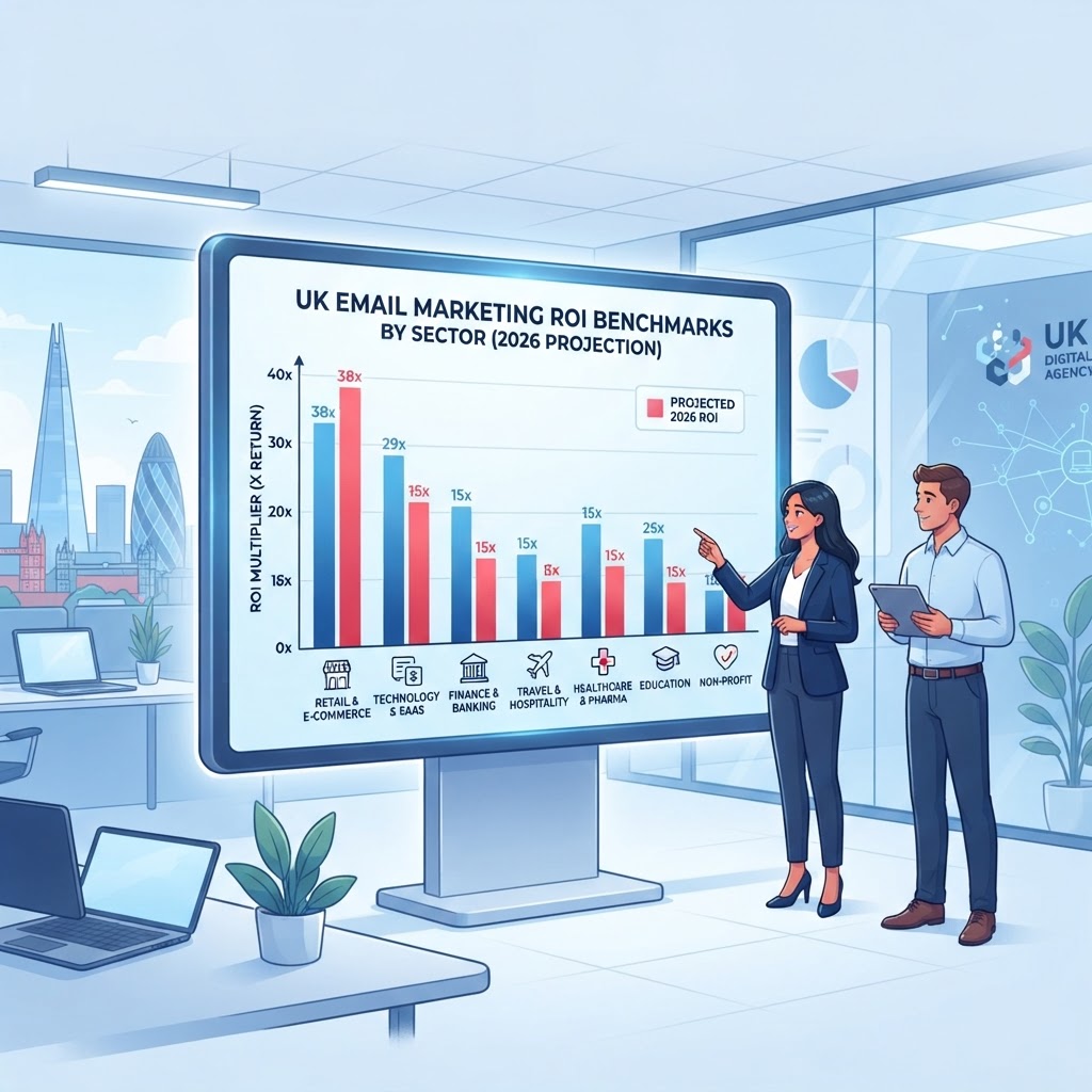 Email marketing ROI benchmarks by industry sector in the UK showing performance data for 2026