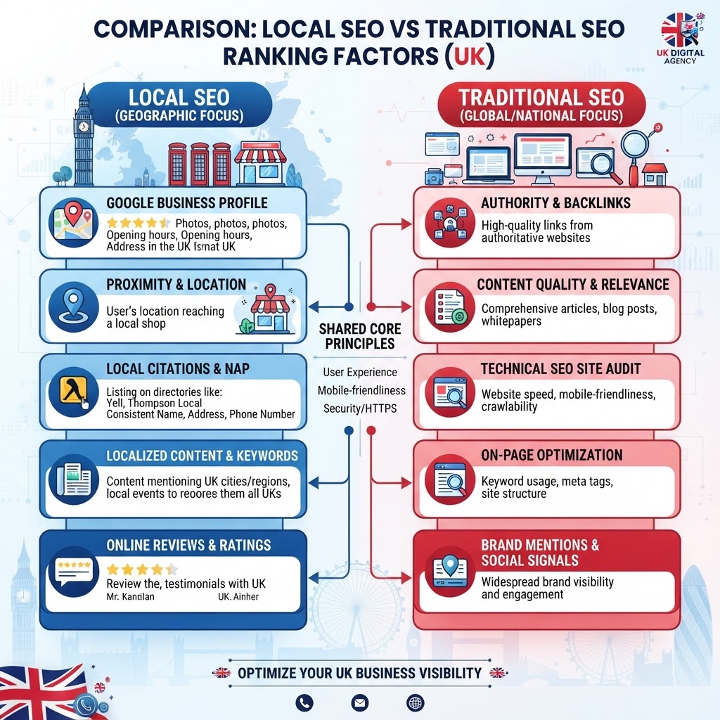 Comparison diagram showing local SEO vs traditional SEO ranking factors for UK businesses