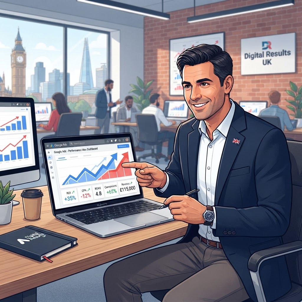 UK business owner reviewing Google Ads Performance Max results on a laptop, showing campaign ROI improvements