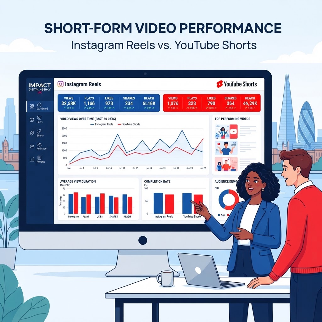 Short-form video analytics dashboard showing performance metrics for Instagram Reels and YouTube Shorts