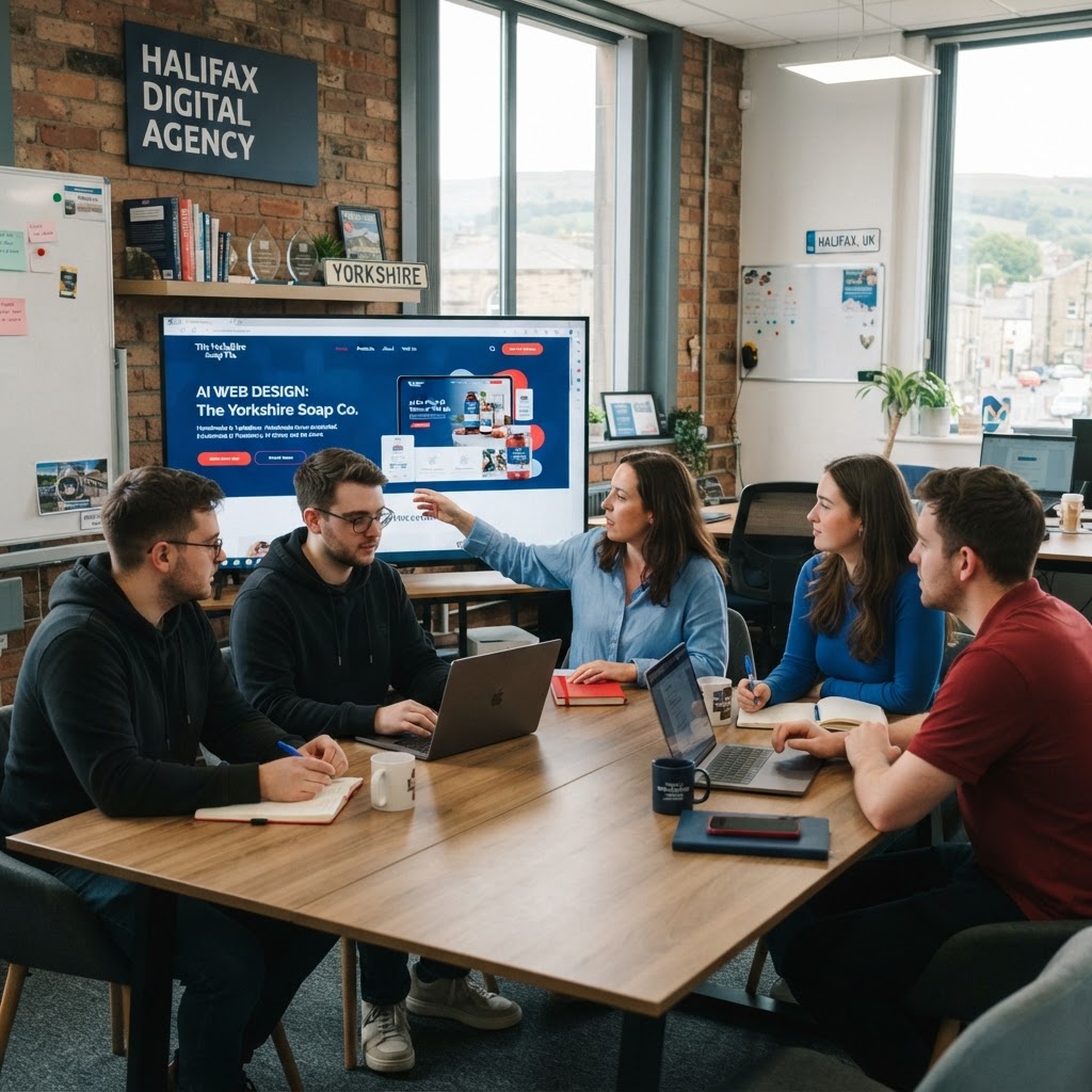 Digital agency team in Halifax reviewing AI-generated web design for a Yorkshire small business client