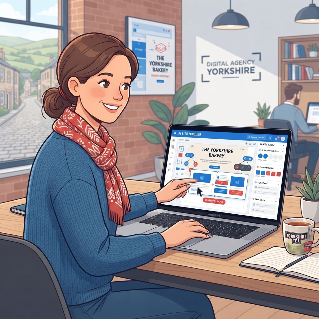 AI web design tools being used by a small business owner in Yorkshire on a laptop