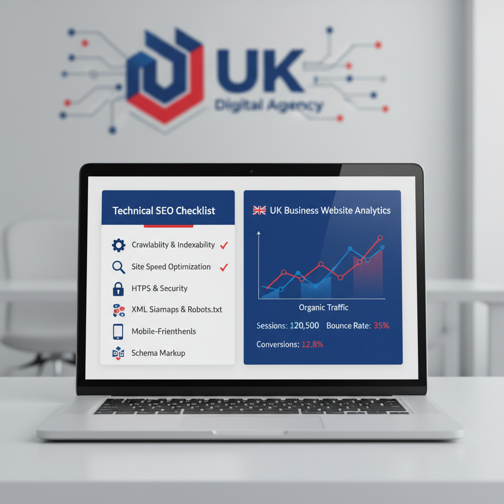 Technical SEO checklist displayed on a laptop screen with UK business website analytics dashboard