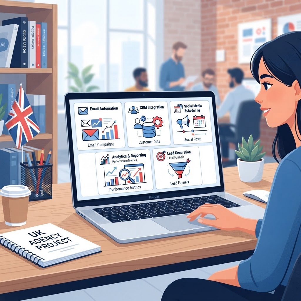 Five marketing automation tools displayed on a laptop screen used by a small UK business