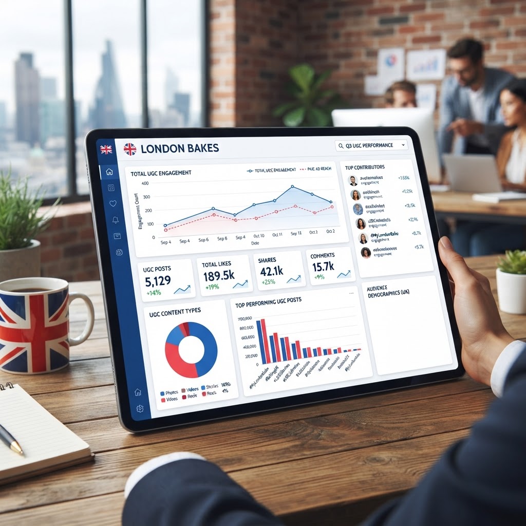 Social media dashboard showing user-generated content engagement metrics for a UK business