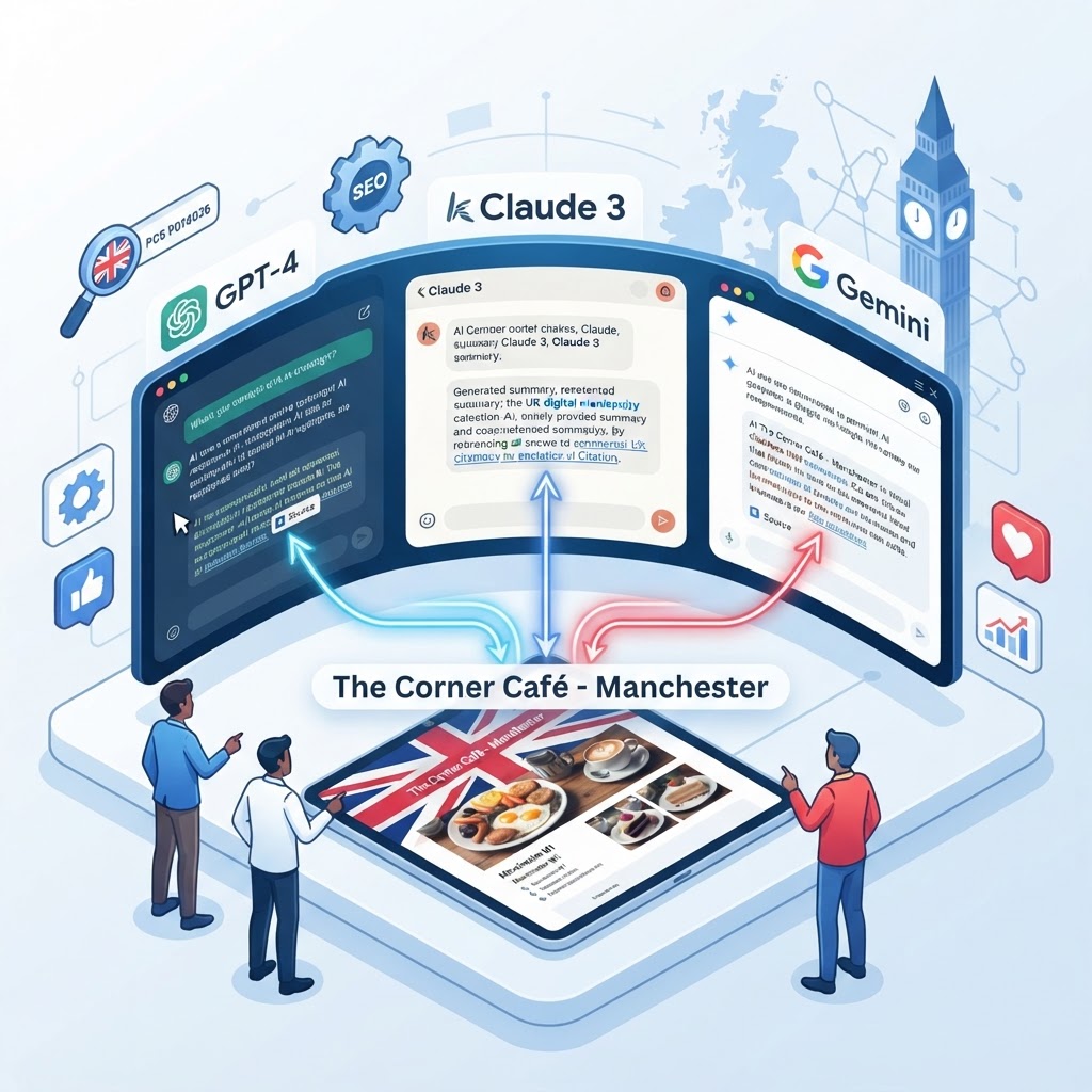 Illustration showing ChatGPT, Claude, and Gemini AI interfaces alongside a local UK business website being referenced in AI-generated answers