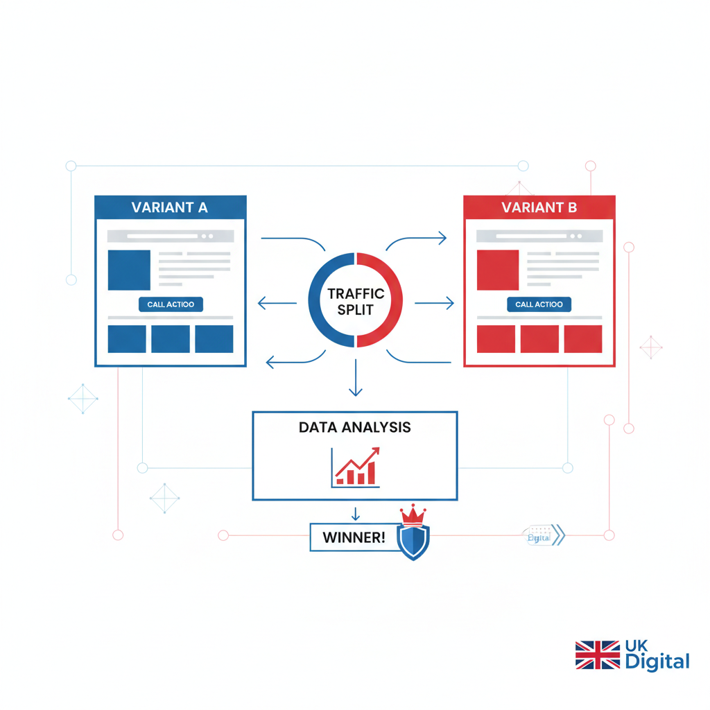 A/B testing process diagram showing two variants of a landing page being tested for conversion rate improvement