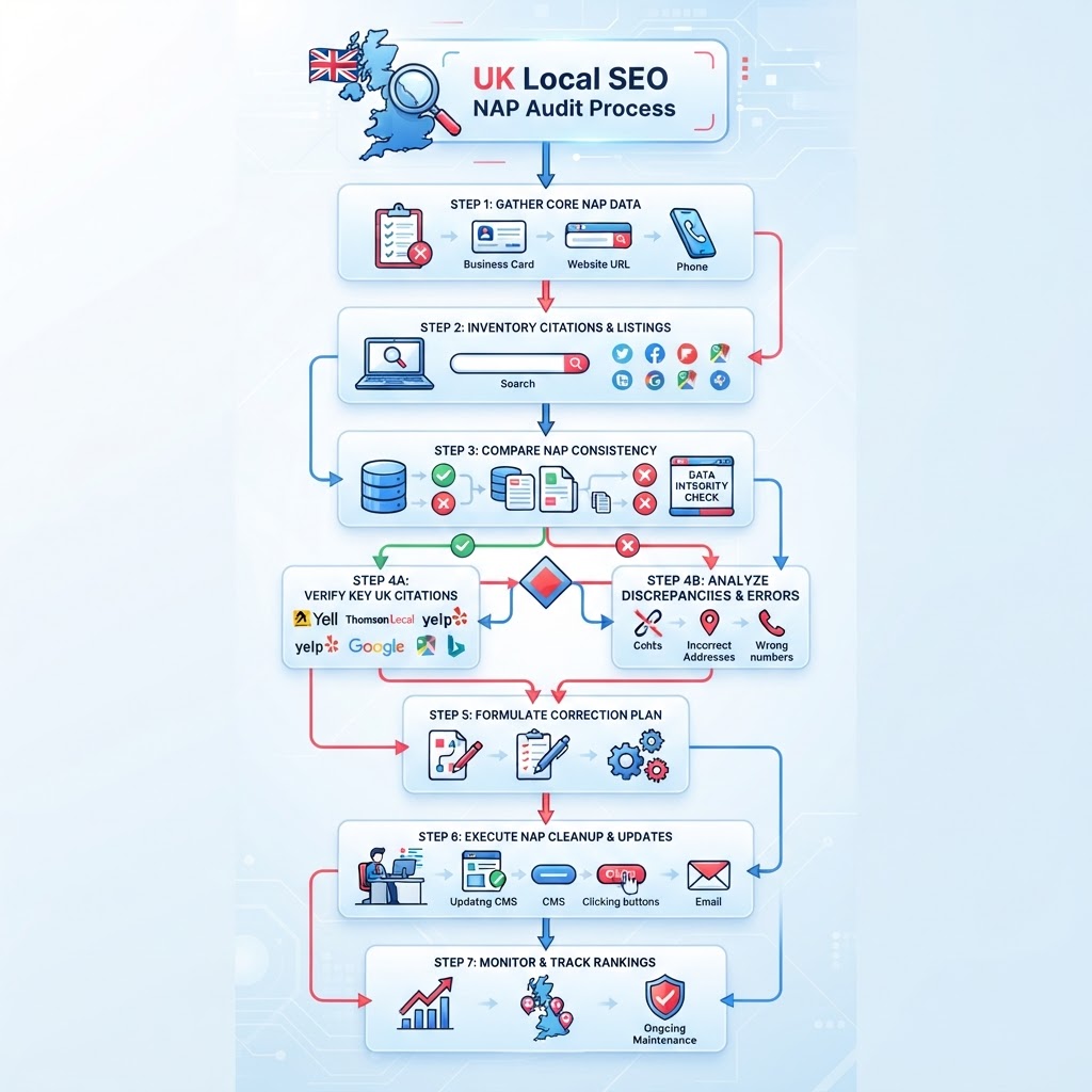 Step-by-step NAP audit process flowchart for UK local SEO