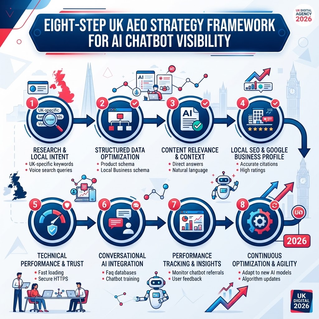 Infographic showing the eight-step AEO strategy framework for UK businesses optimising for AI chatbot visibility in 2026