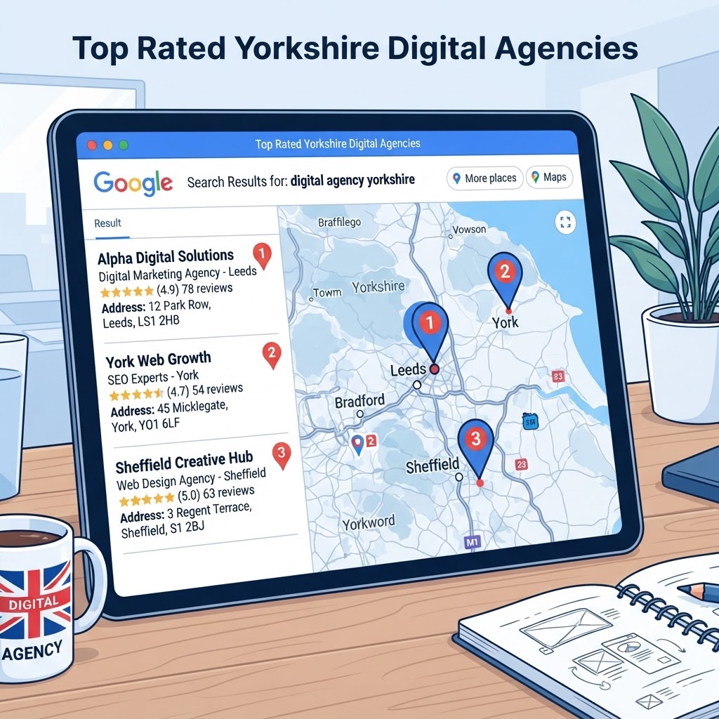 Google Local Pack search results showing Yorkshire businesses on a map