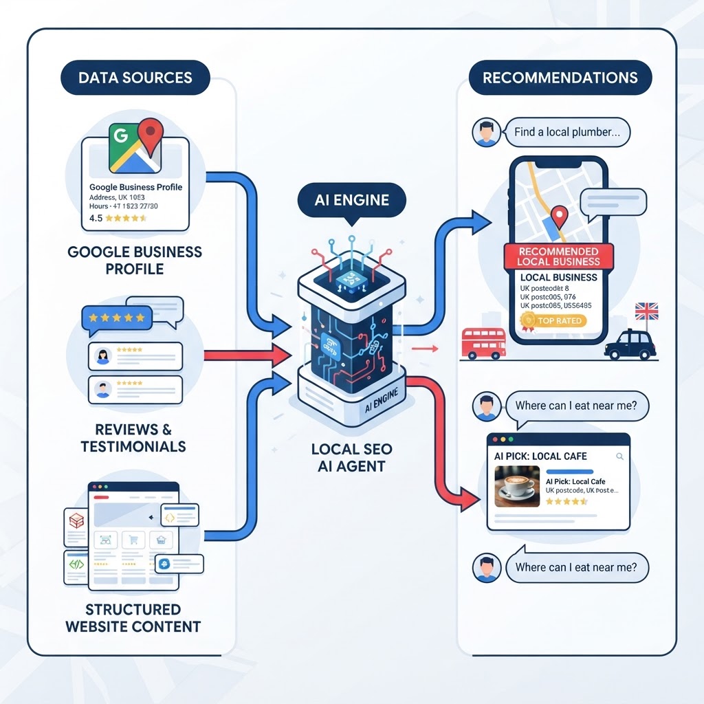 Diagram showing how AI assistants pull data from Google Business Profile, reviews, and structured website content to recommend local businesses
