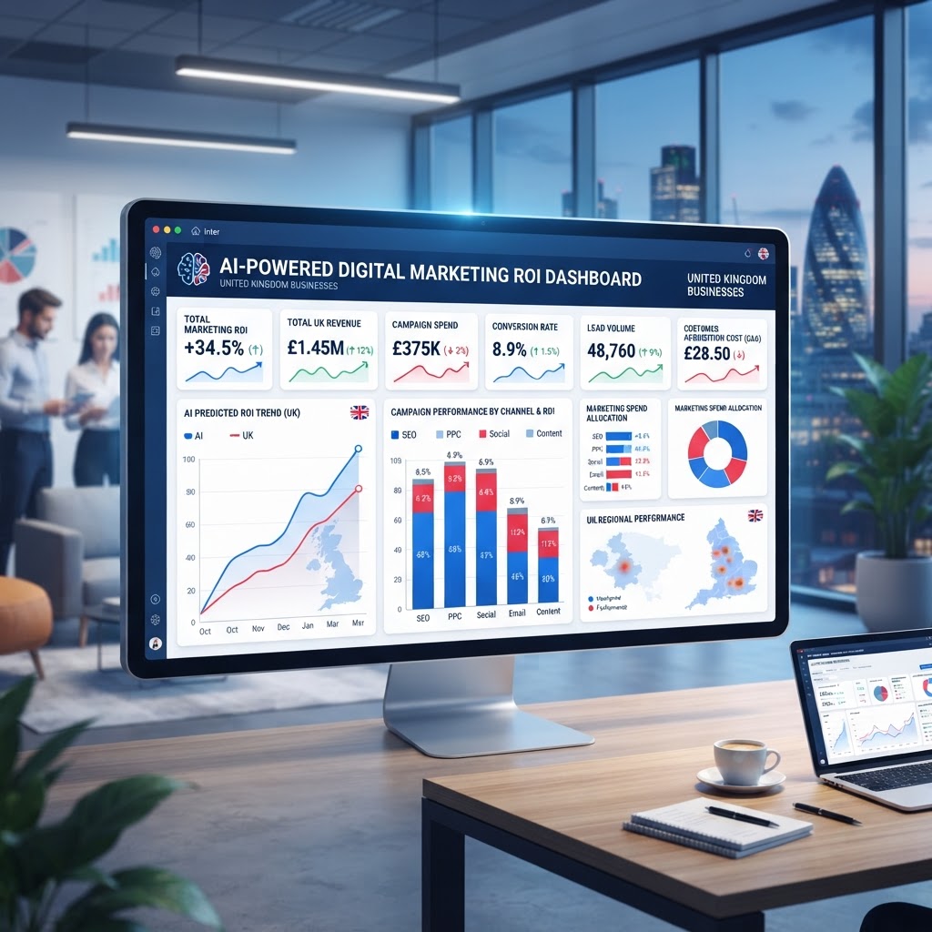 AI-powered digital marketing dashboard showing ROI metrics for UK businesses