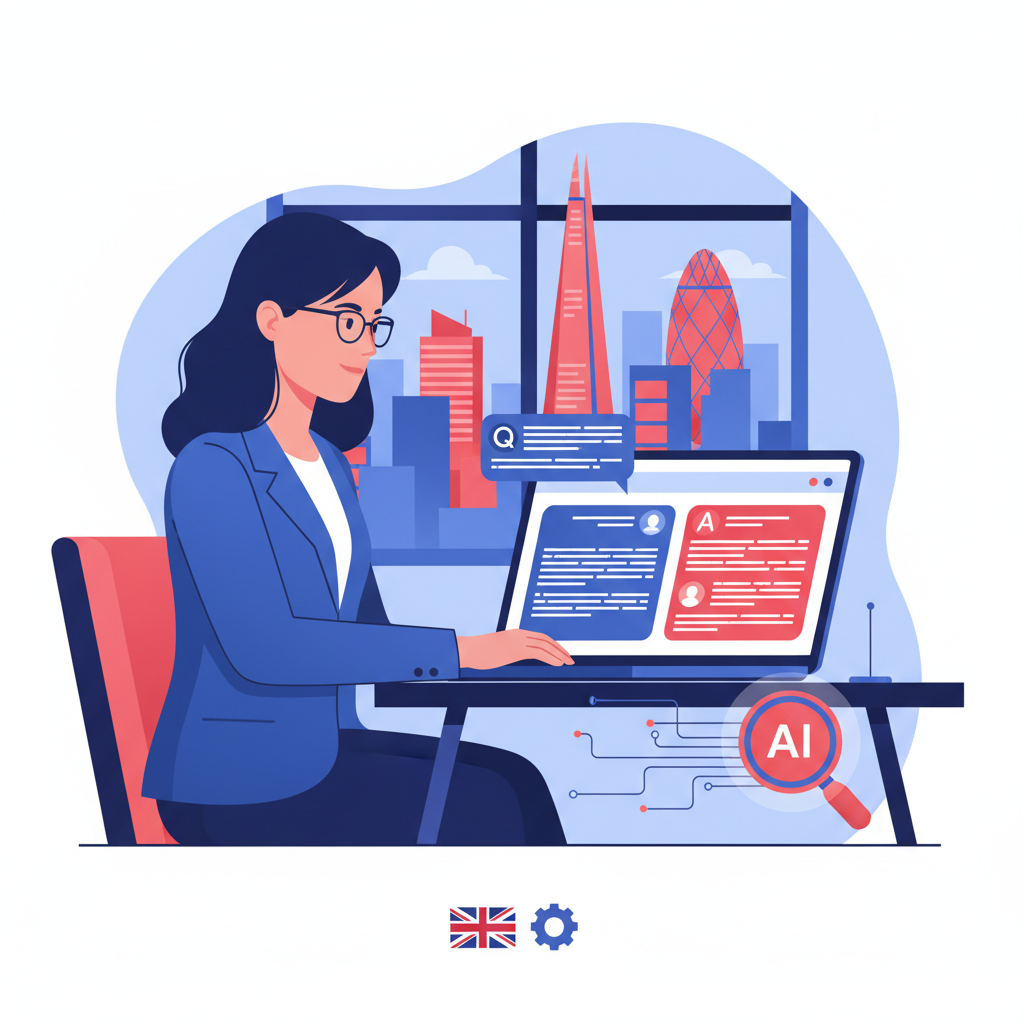 UK business owner reviewing AI chatbot responses on a laptop, representing the shift to answer engine optimisation