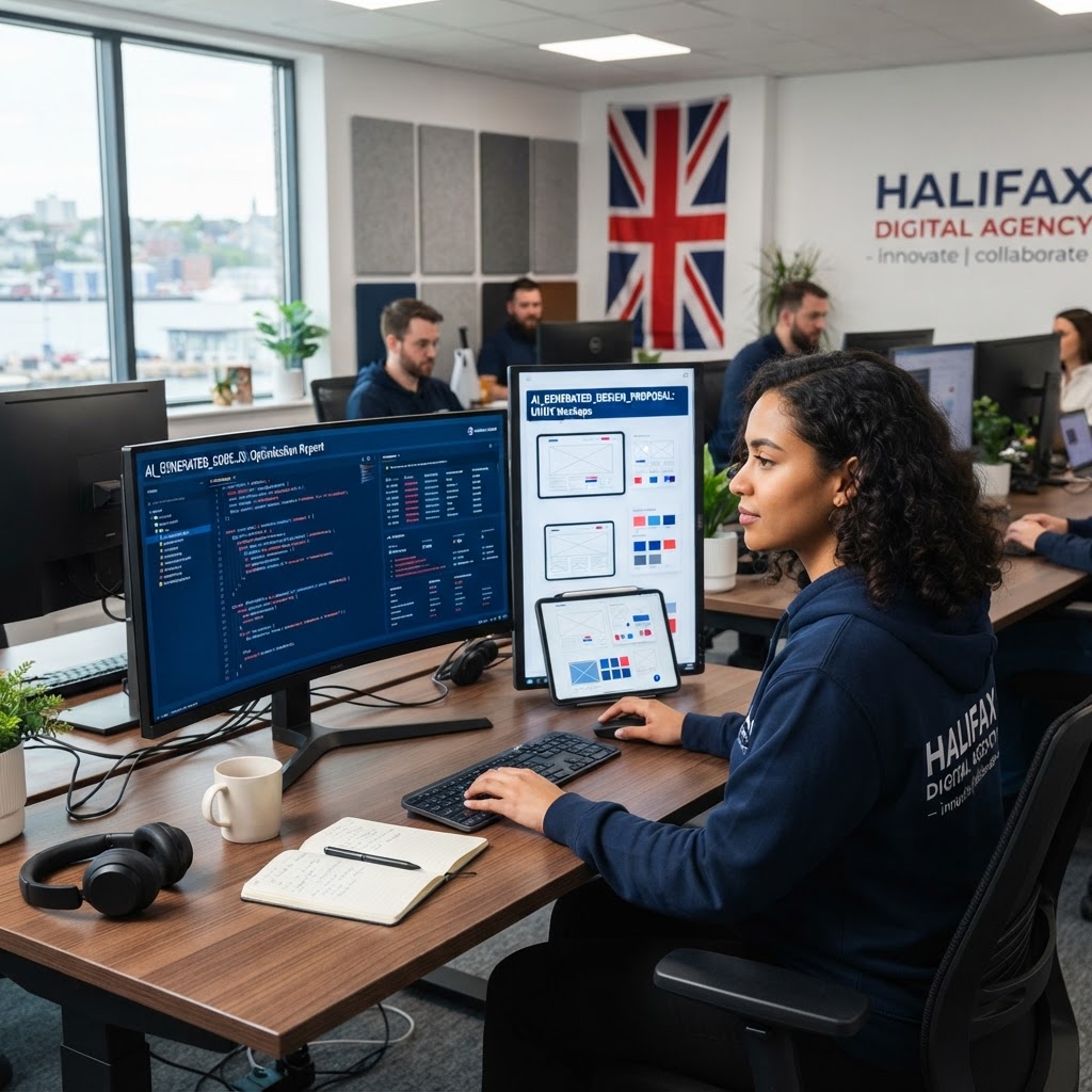Web developer at a digital agency in Halifax reviewing AI-generated code and design proposals