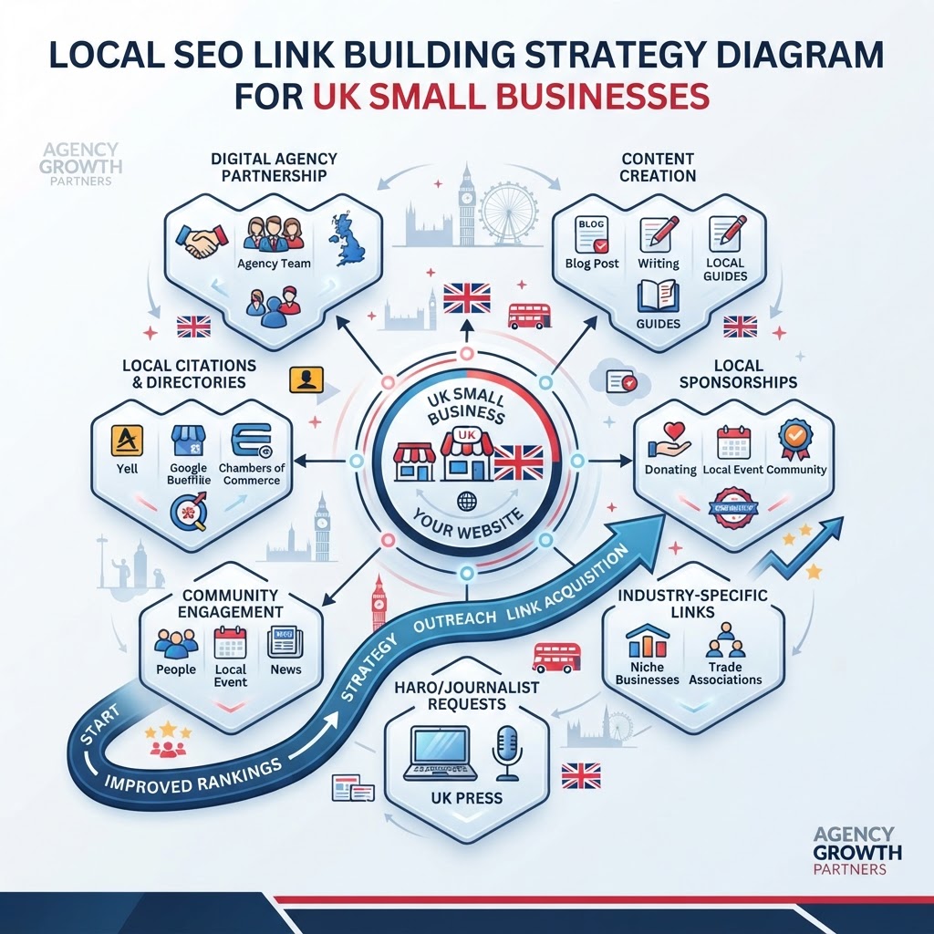 Local SEO link building strategy diagram for UK small businesses