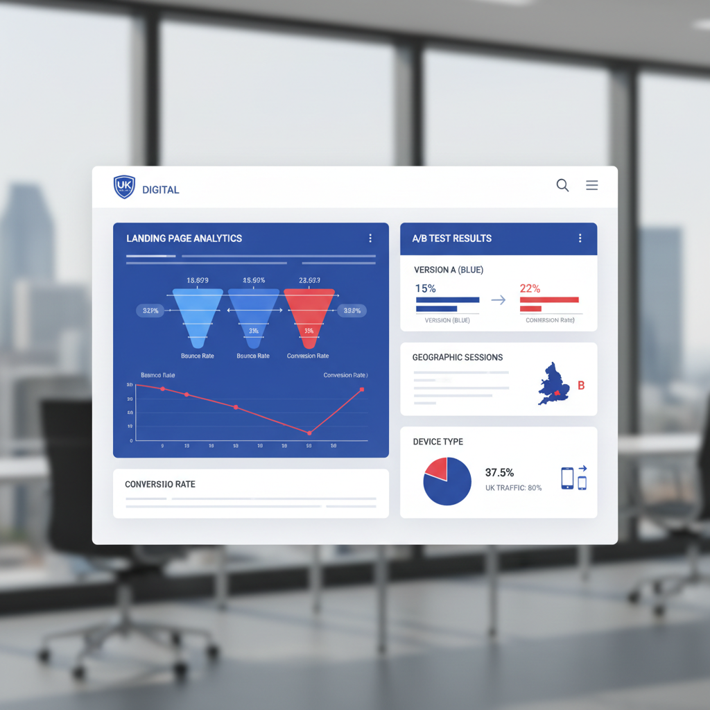 Conversion rate optimisation dashboard showing landing page analytics and A/B test results for UK businesses