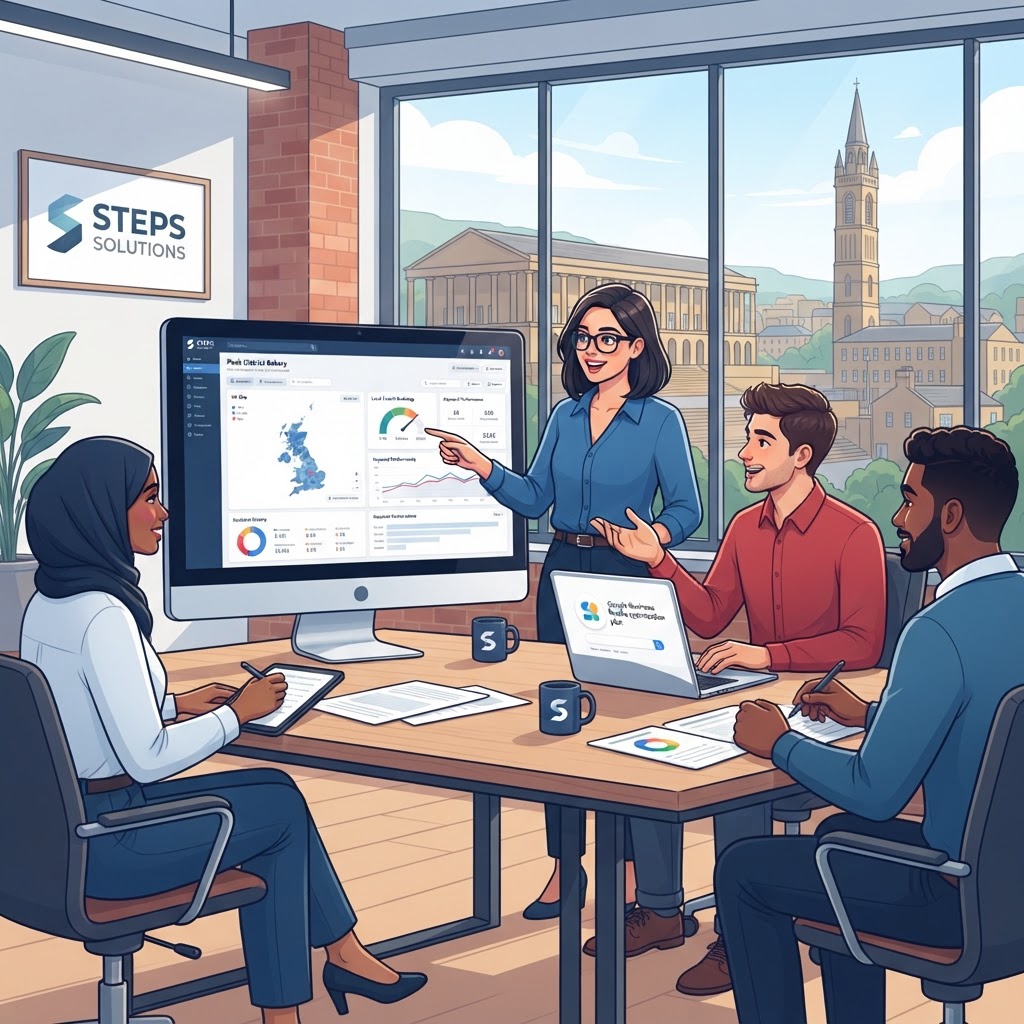 STEPS Solutions digital marketing team in Halifax, West Yorkshire, reviewing a local SEO and GEO strategy for a UK small business client
