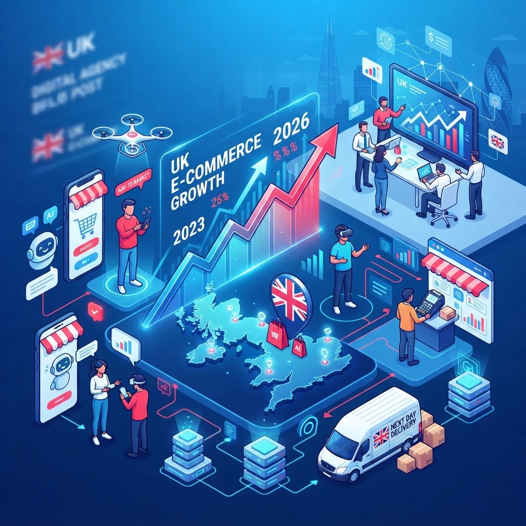 UK e-commerce trends 2026 illustration showing online shopping growth and digital retail technology