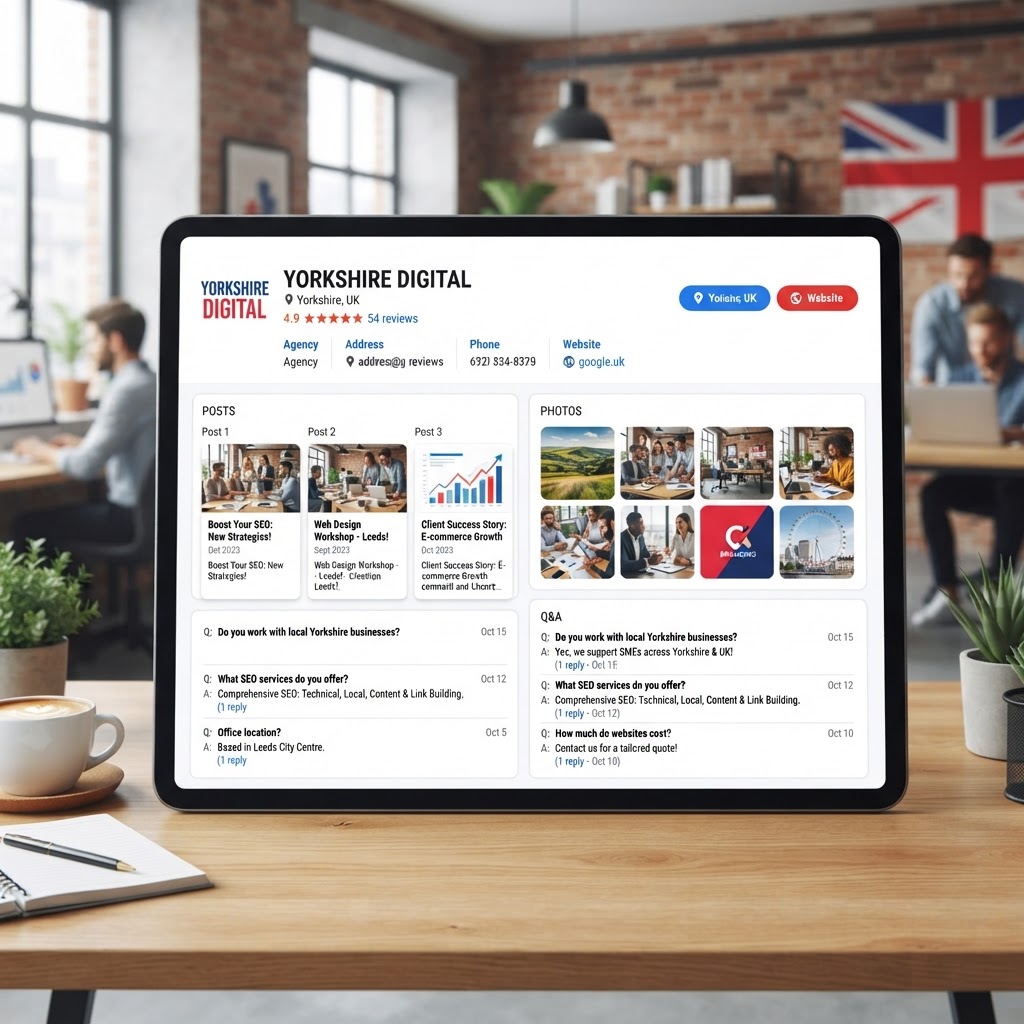 Google Business Profile showing active posts, a gallery of professional photos, and a populated Q&A section for a Yorkshire-based digital agency