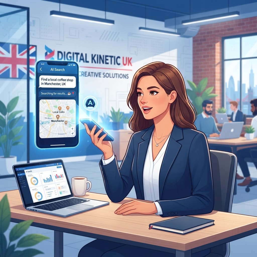 Person using a smartphone to ask an AI assistant to find a local business in the UK