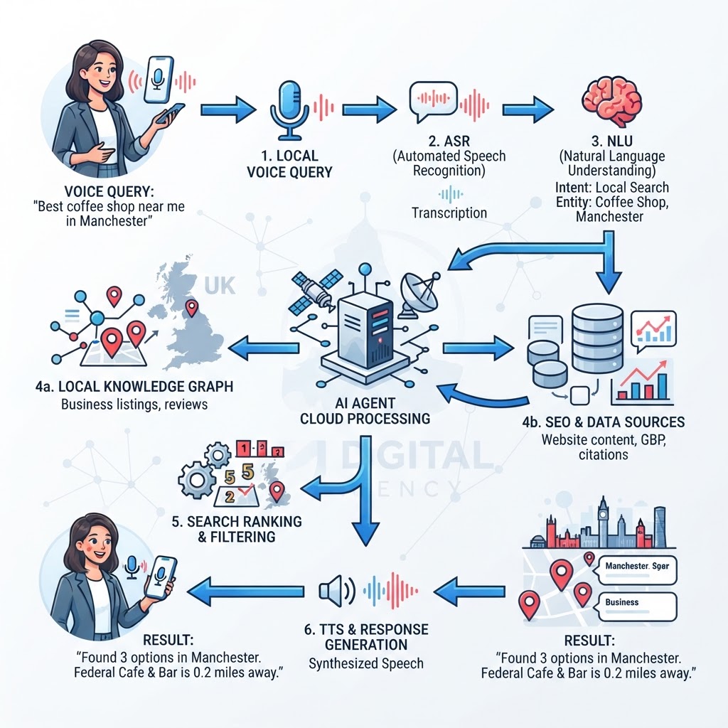 Diagram showing how AI assistants process local voice search queries and return results