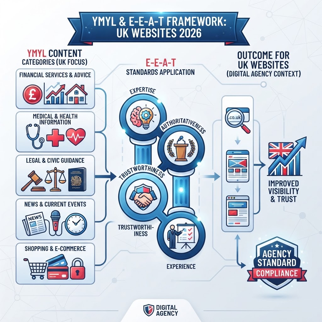 Infographic illustrating YMYL content categories and their relationship to E-E-A-T standards for UK websites in 2026