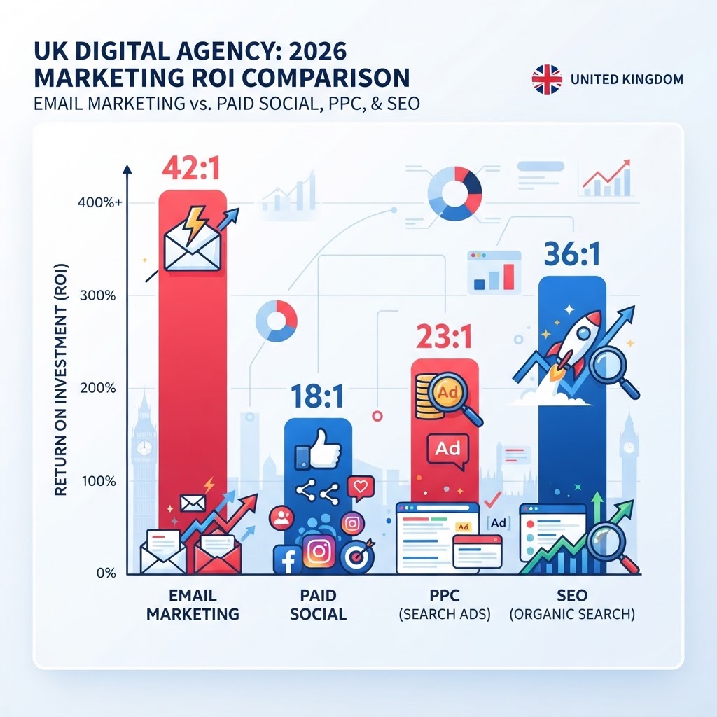 Comparison chart showing email marketing ROI versus paid social, PPC, and SEO channels for UK businesses in 2026